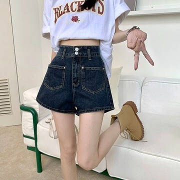 M-5XL 大尺碼牛仔短褲女韓版新款高腰顯瘦時尚藍色百搭闊腿褲短褲女