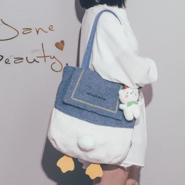 秋冬羊羔毛絨包包女2021新款潮日系可愛卡通單肩包學生上課托特包