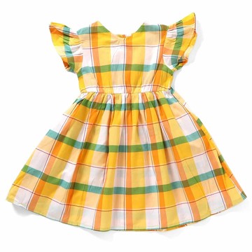 日本 apres les cours - 百搭款小荷葉短袖洋裝-格子-黃