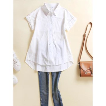 中長款純棉白色襯衫女短袖夏季2025新款薄款云朵袖襯衣上衣寬松女