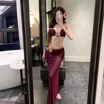 夏季優選🌞 御姐女神紫色性感綁帶分體裙式比基尼三件套溫泉沙灘度假泳衣長裙