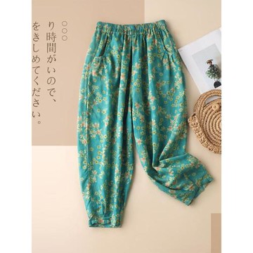 中老年媽媽亞麻印花褲子女休閑高腰長褲哈倫褲奶奶棉麻寬松蘿卜褲