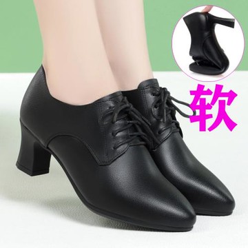 秋季黑色工裝鞋真皮加絨工作鞋空姐鞋粗跟皮鞋深口單鞋細帶高跟鞋