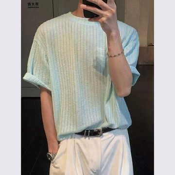 老錢風上衣 衣服男 韓系上衣 夏季肌理感純色圓領短袖男寬鬆慵懶垂感百搭休閒男士上衣素t 短袖t恤男 男生 t恤 短袖t恤