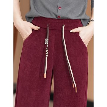 安可拉紅窄版闊腿褲女2025新款爆款高腰顯瘦歐棉絨細條絨加絨褲子