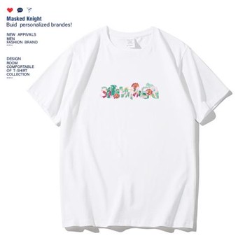 港風ins潮牌花卉字母印花t恤短袖男夏季純棉寬松休閑圓領體恤衫