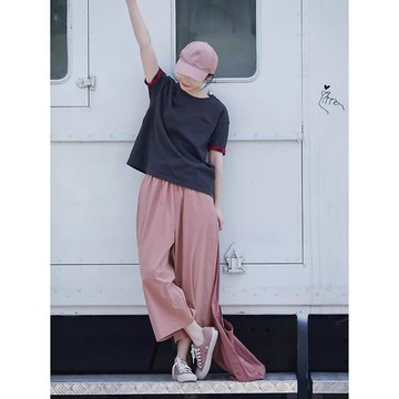 淡絳粉純棉風格布松緊腰寬松蘿卜褲