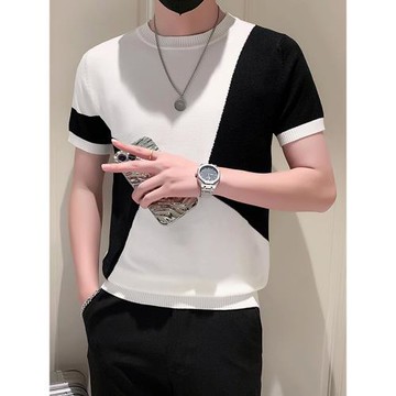 黑白撞色針織短袖夏季男款潮牌修身圓領冰絲T恤內搭打底半袖潮流