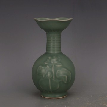 宋 龍泉窯梅子青釉蓮花荷葉蒜頭瓶 仿古瓷器舊貨古玩博古架收藏品