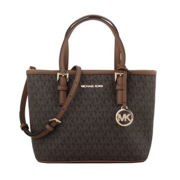 MICHAEL KORS 金字滿版防刮手提/斜背兩用包(深咖x駝邊)小款