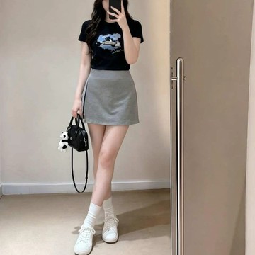 W7061L_【天絲萊賽爾】夏季新女裝大尺碼微胖顯瘦側開叉防走光短裙7061