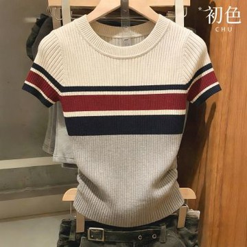 初色 韓系簡約風修身顯瘦拼接撞色條紋圓領短袖打底針織衫上衣女上衣-條紋-19538(F可選)