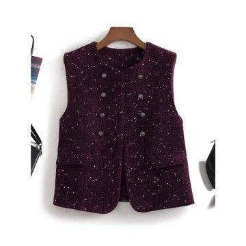 高顏小香！今年流行色！復古雙排扣圓領亮片粗花呢無袖馬甲外套女