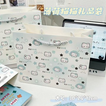 安安包材🔥薄荷貓貓禮品袋 貓貓手提袋 ins大容量手提袋 高顏值 卡通圖案 白卡紙 大容量 收納袋 送禮袋 禮品袋