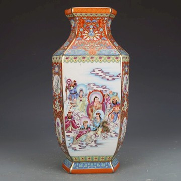 乾隆琺瑯彩紅地祝寿六方瓶 陶磁器 現代工芸品 美術品 装飾品 置物 乾隆琺瑯彩紅地祝寿六方瓶 陶磁器 現代工芸品 美術品 装飾品