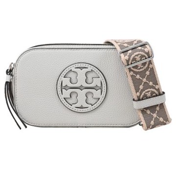 TORY BURCH 品牌經典LOGO荔枝皮革寬背帶斜背雙層相機包(淺灰)