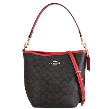 COACH CT800 馬車LOGO印花皮革兩用水桶包.深咖/紅