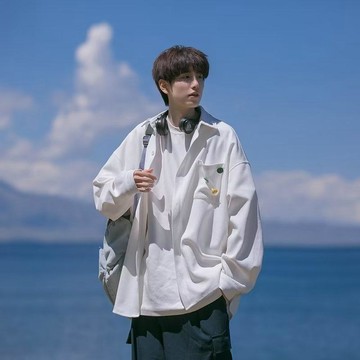 2026新款長袖襯衫男春秋季休閒寬鬆純色襯衣日系港風潮牌男生外套