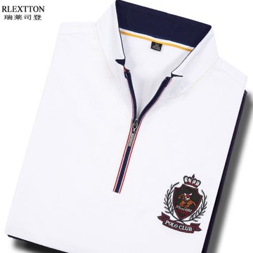 夏季新款白色小立領短袖T恤半拉鏈高檔男裝POLO衫休閑寬松上衣服