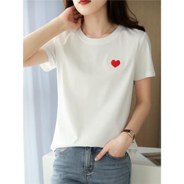 (免運)80支絲光棉短袖t恤女2023夏季新款初中生純棉愛心刺繡修身上衣服