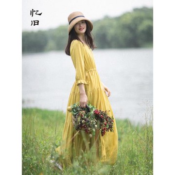 【出清】垂感連衣裙女長袖夏季裙2025新款氣質黃色長裙收腰拼接裙