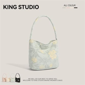 新中式花朵手提布包包女2025新款潮時尚刺繡腋下包單肩通勤水桶包