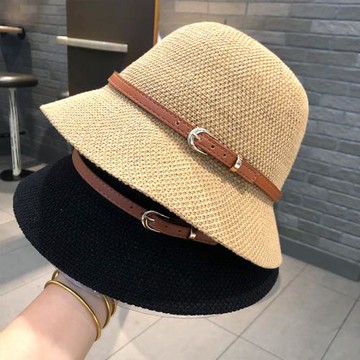 日系休閑帽子女春秋新款時尚皮帶洋氣漁夫帽女士百搭復古針織盆帽