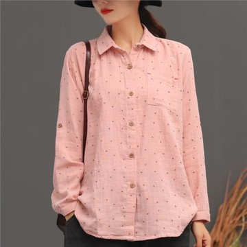 原創復古印花雙層棉紗長袖襯衣女20寬松款柔軟純棉襯衫外穿文藝