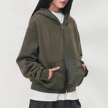 波點印花雙開拉鏈重磅加絨連帽衛衣 短寬廓形落肩外套