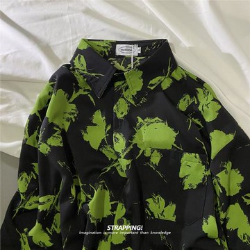 STRAPPING黑底綠色涂鴉碎花短袖花襯衫男女夏威夷泰國復古日系