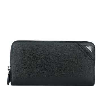 PRADA 銀色三角牌Logo 粒紋皮革ㄇ型拉鍊長夾(黑色)