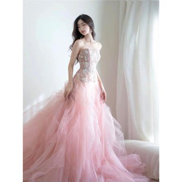 甜美爛漫 粉色新娘結婚敬酒服生日宴會演出主持人婚紗禮服19661