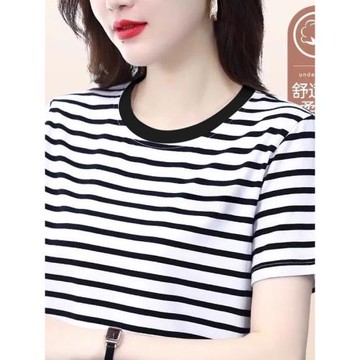 黑白條紋短袖t恤女士夏季胖mm大碼顯瘦正肩上衣寬松純棉半袖小衫