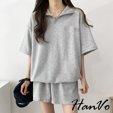 【HanVo】簡約素色經典拉鍊領套裝 寬鬆親膚柔軟舒適兩件式 日常百搭韓系女裝 女生衣著 A08-7003