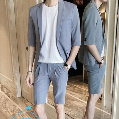 卸売 ビジネス 半袖ジャケット 短パンツ 黒ネクタイ メンズスーツ 3点セットアップ 一つボタン 夏用 カジュアル 紳士服 細身 上下セット スリム フォーマル ブラックフォーマル 色 ブルー