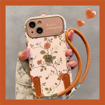 后勤高端&小眾棕白玫瑰花新款個性適用于iphone16 pro max手機殼蘋果15/14/13/12仿皮防摔全包創意復古美拉德