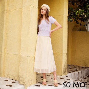 SO NICE【特惠】褶皺線條感顯瘦網紗長裙｜黑/米｜都會時尚女裝 【29433008】