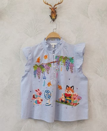 襯衫，手工刺繡，可愛圖案，亞麻布，狐狸，兔子，夏季，扇子，微風。