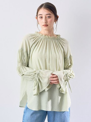 2WAY前後兩穿縮褶綁帶糖果袖襯衫上衣(07000221700) - YECCA VECCA