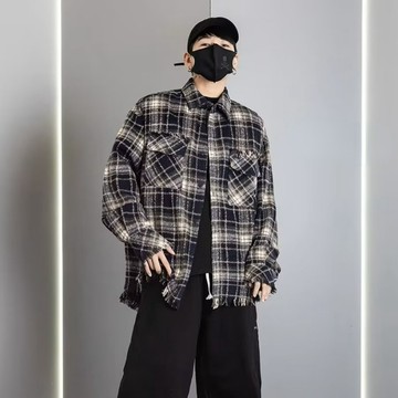 美式復古格子毛邊長袖襯衫男設計感潮牌寬松高街小眾襯衣