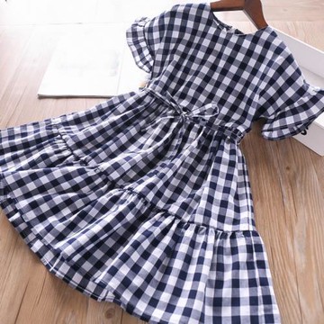 夏季新款中大女童氣質木耳邊袖腰系帶蕾絲邊拼接棉布連衣裙