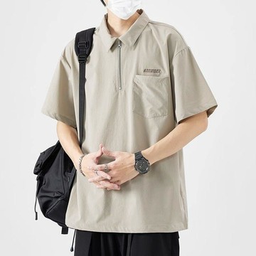 冰絲T恤 百搭短袖 冰絲衫男短袖夏季日系復古刺繡翻領恤寬鬆潮牌工裝半袖上衣0822