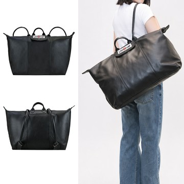 LONGCHAMP X EU王者聯名LE PLIAGE CUIR系列小羊皮後背水餃包(黑)