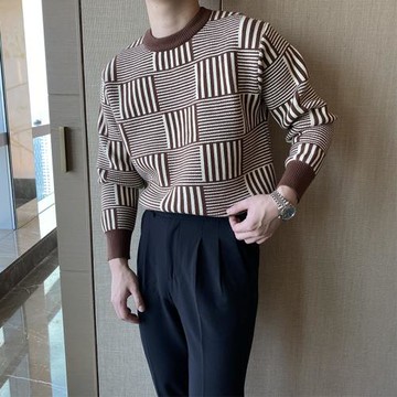摩摹韓版個性休閑條紋套頭毛衣