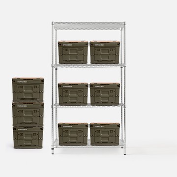 (組合) 特力屋加強防鏽鍍鉻四層架(液透)90x46x160公分+軍風綠木天板收納箱 小x9