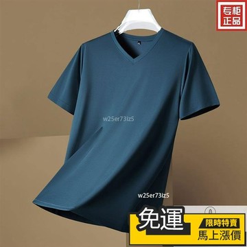 🔥台灣熱賣🔥高檔桑蠶絲短袖T恤男V領夏季薄款休閒純色鷄心領冰絲體恤抗皺 男短袖T恤 大碼男裝 冰絲上衣 涼感上衣