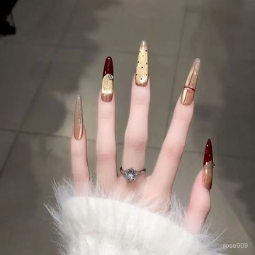 ✨Hannah✨手工穿戴甲新年紅色法式波點甲片蝴蝶結氣質高級感金色貓眼美甲貼純手工穿戴甲 O9F4