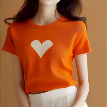 胖胖美依 短袖上衣 T恤 冰絲針織衫夏季新愛心提花撞色正肩短袖T卹薄款上衣 東A105-039.