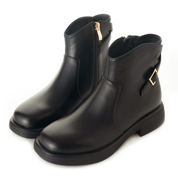 質感時尚斜扣帶設計粗跟短靴 黑 GB546BK