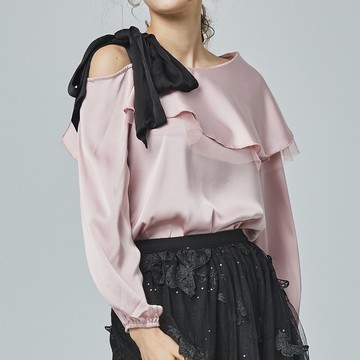 斜肩綁帶拼接紗上衣   粉